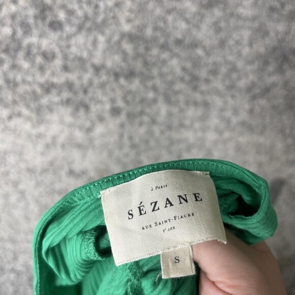 Sézane Bodysuit Womens Small Green Ribbed Short Sleeve Square Neck Stretchy Top - Picture 5 of 6